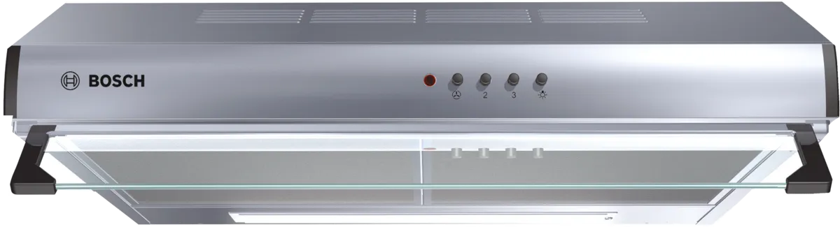 Bosch DHU665CGB Series 4 built-under cooker hood front view with glass visor, stainless steel