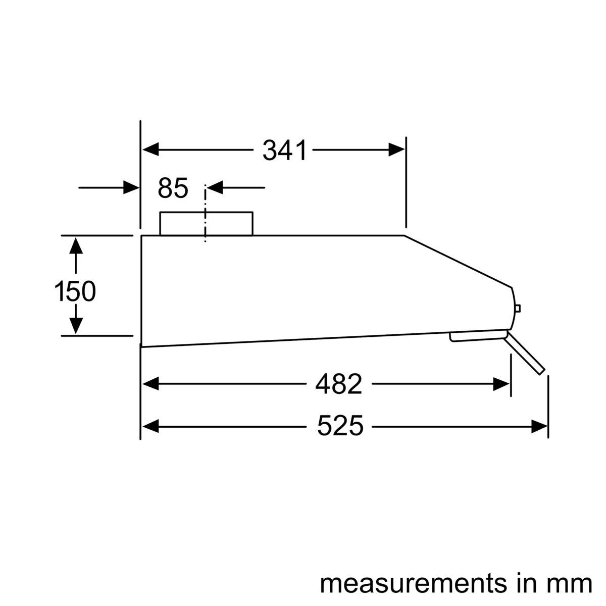 Bosch DHU965CGB cooker hood dimension diagram, measurements in mm