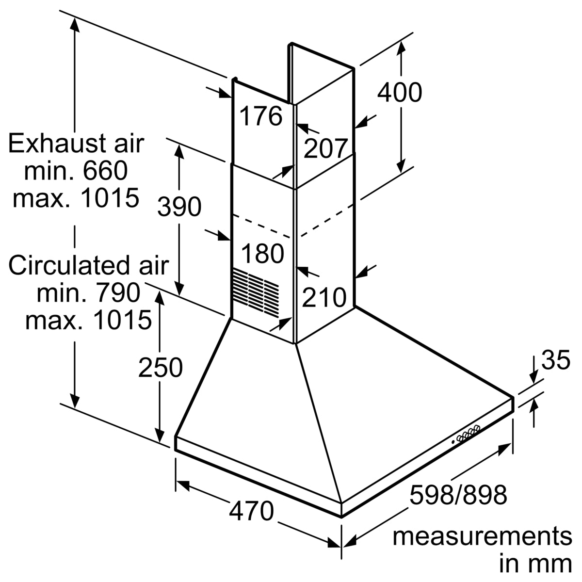 Bosch DWP64CC50Z cooker hood dimension diagram, measurements in mm