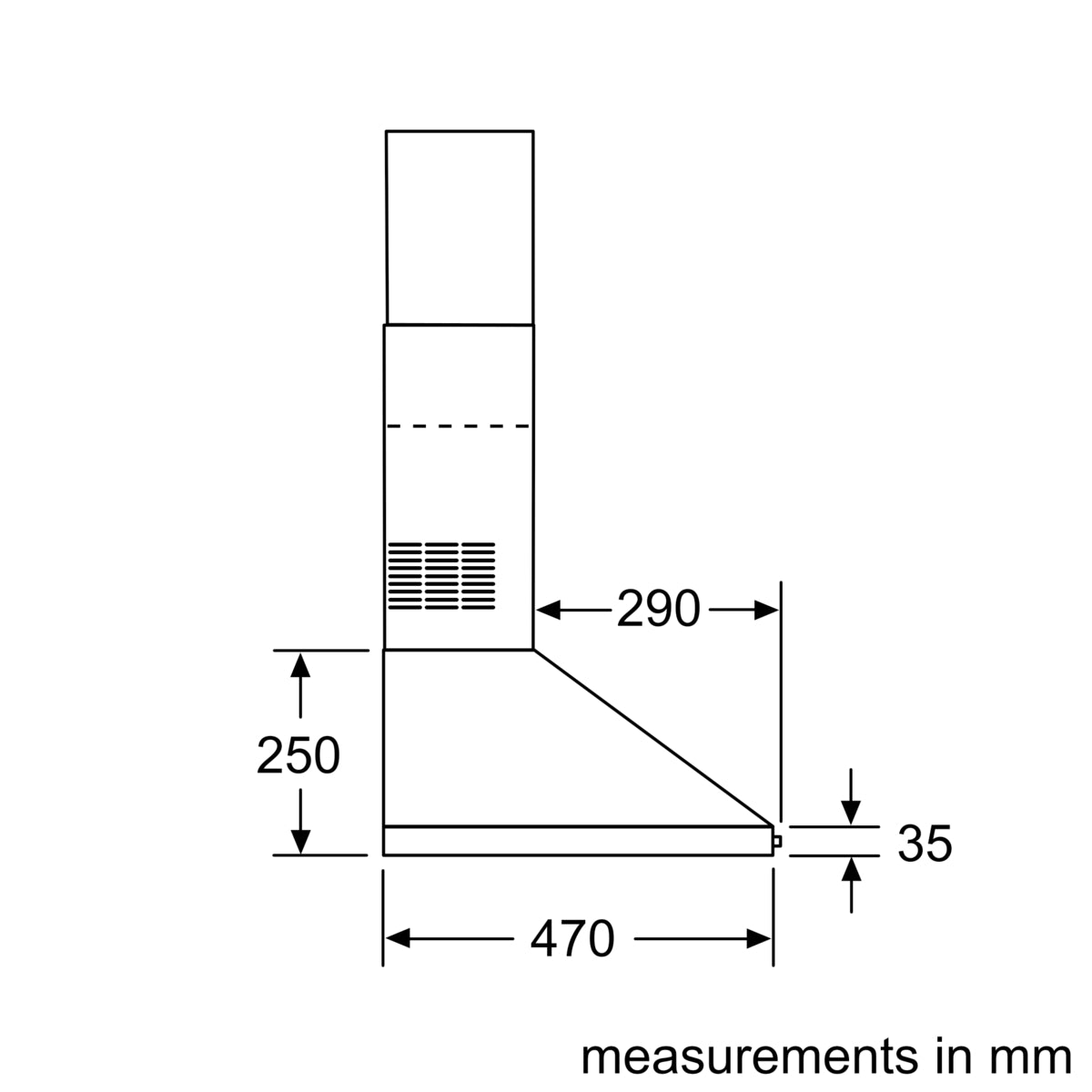 Bosch DWP64CC50Z cooker hood side dimension diagram