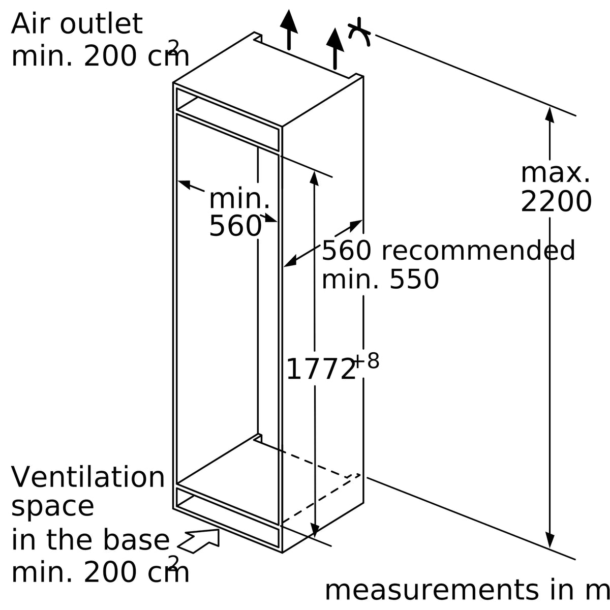 Bosch GIN81AEF0G Series 6 built-in freezer installation line drawing 2
