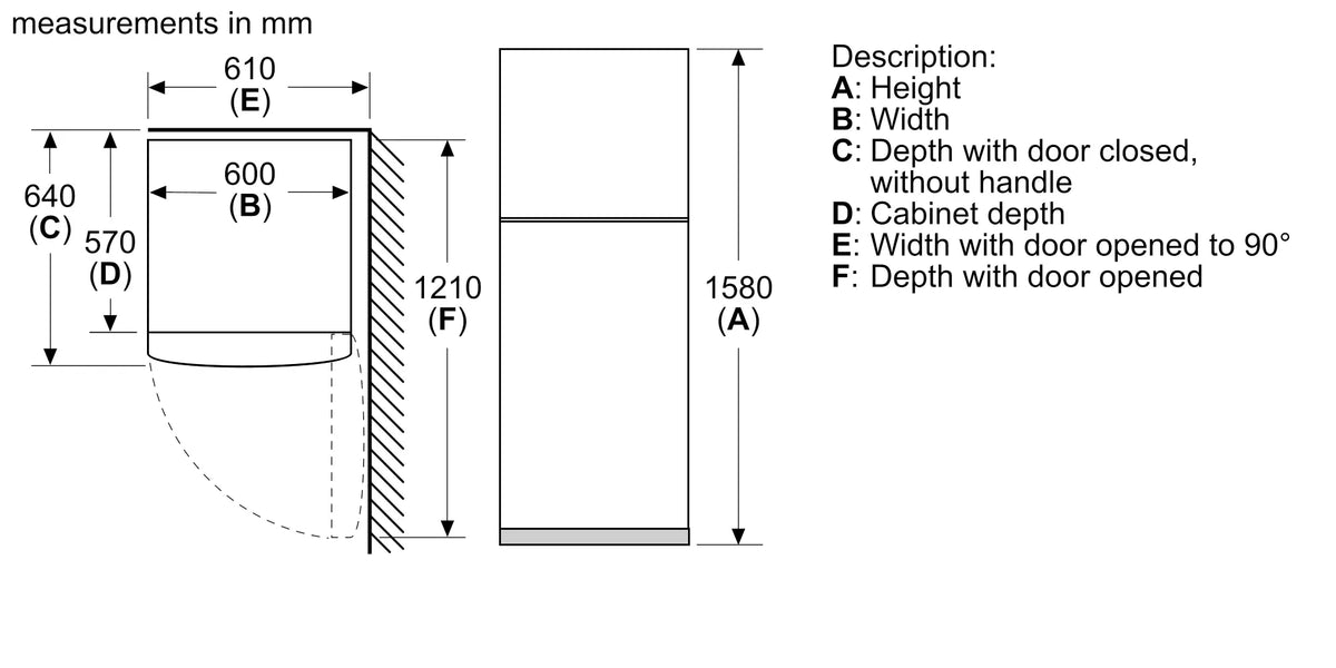 Bosch KDN26N12N5 Series 2 top freezer fridge freezer dimension line drawing