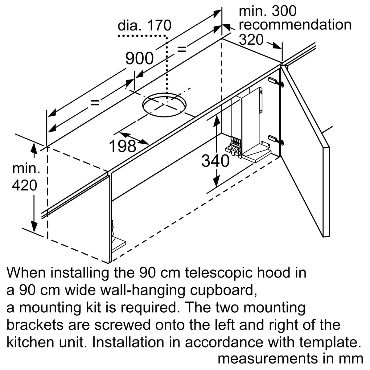 Bosch DFS097A51B telescopic cooker hood – technical line drawing