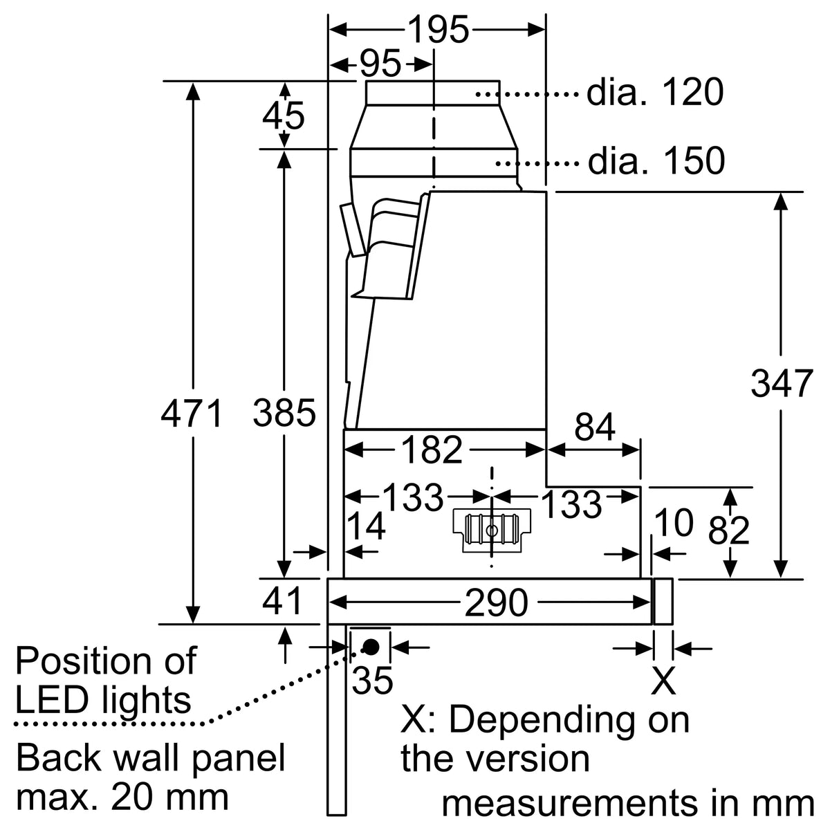 Bosch DFS097A51B telescopic cooker hood – technical line drawing