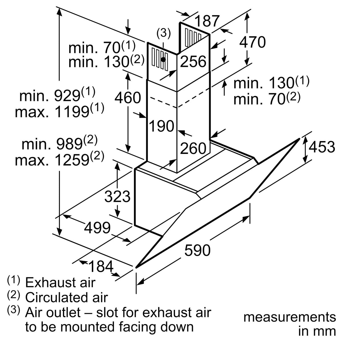 Bosch DWK67HM60B inclined cooker hood – technical line drawing