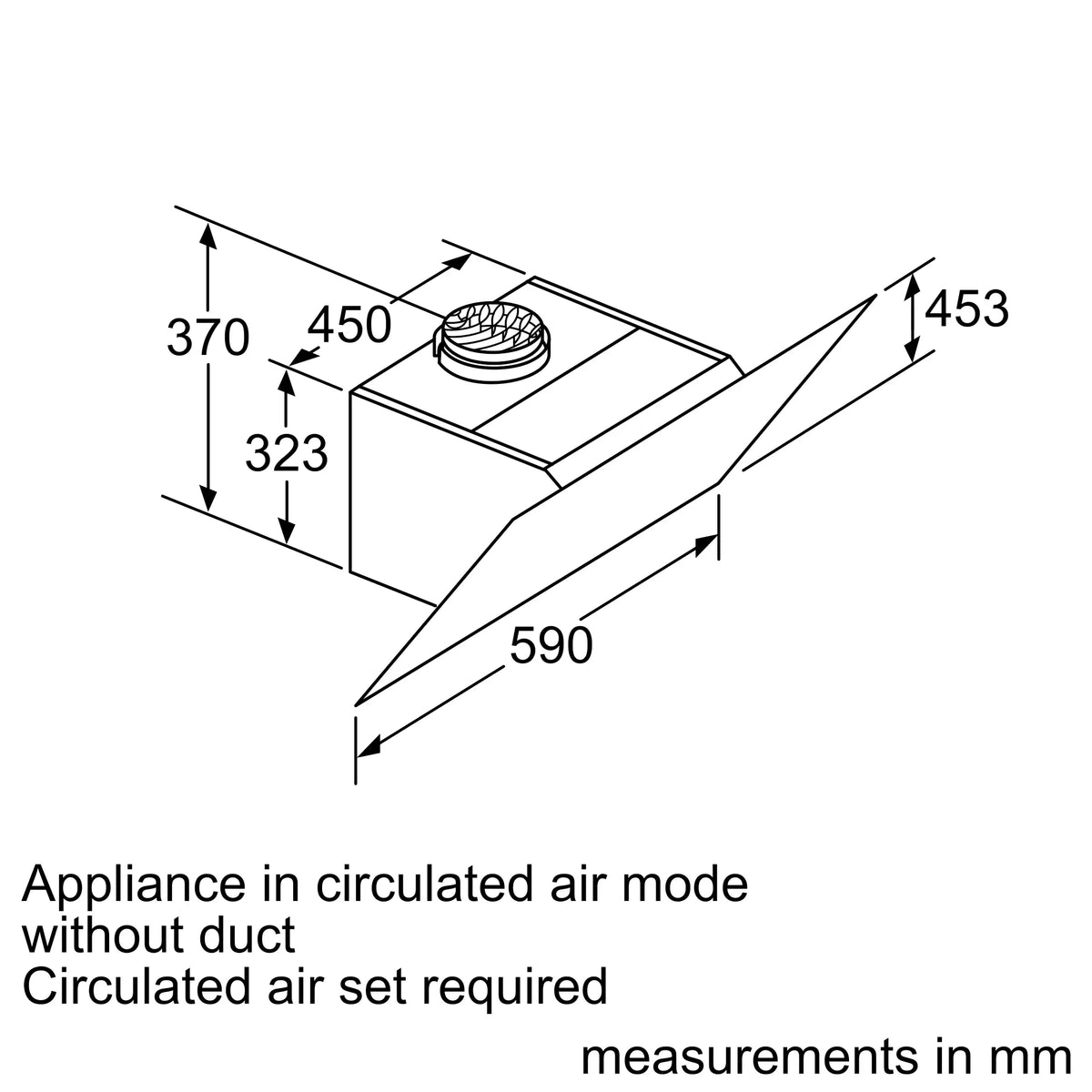 Bosch DWK67HM60B inclined cooker hood – technical line drawing