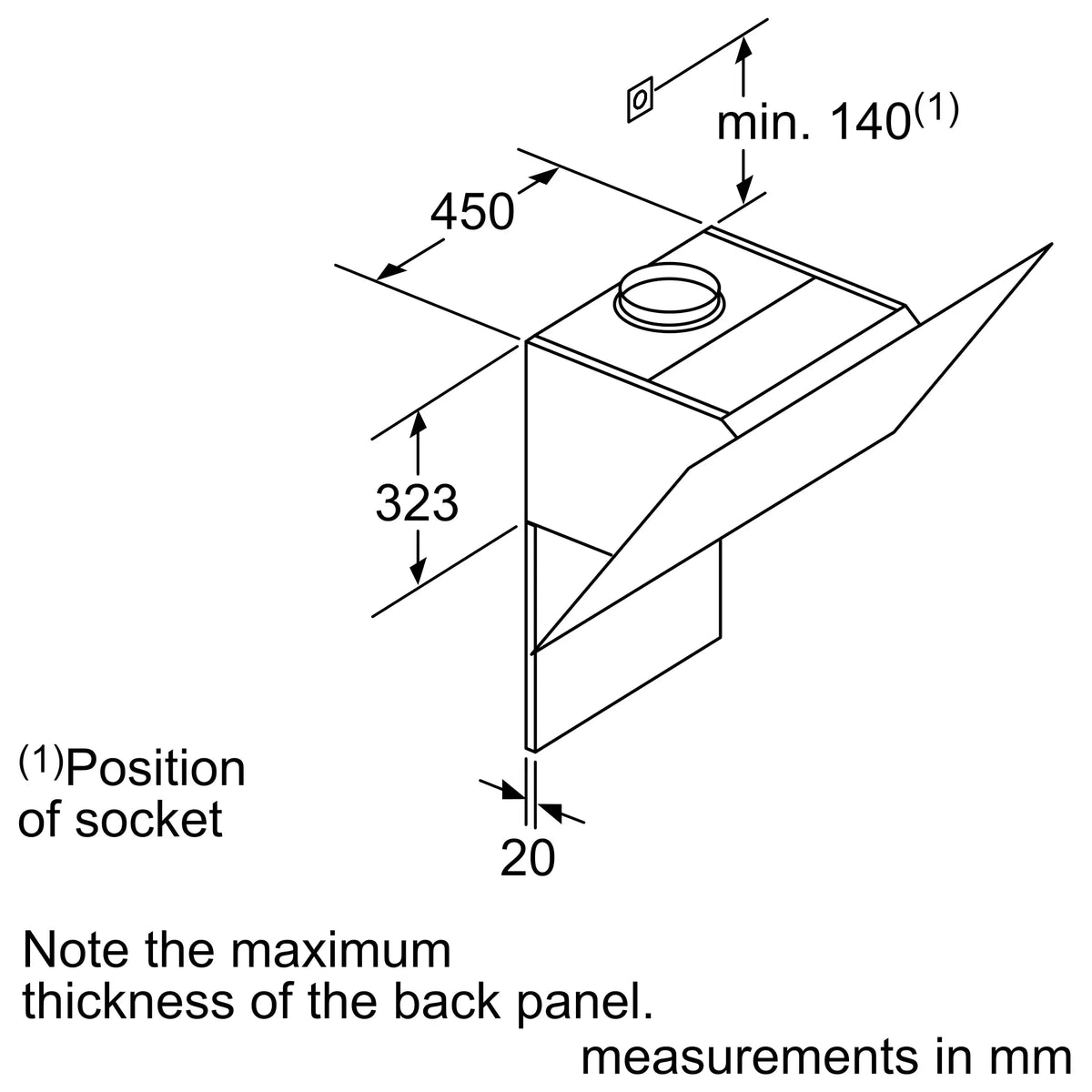 Bosch DWK67HM60B inclined cooker hood – technical line drawing