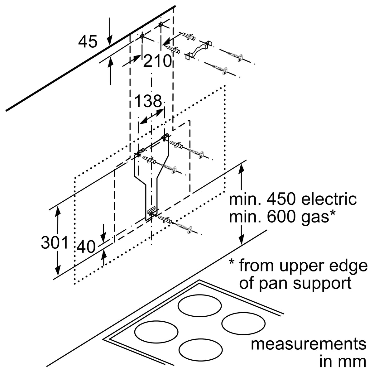 Bosch DWK67HM60B inclined cooker hood – technical line drawing