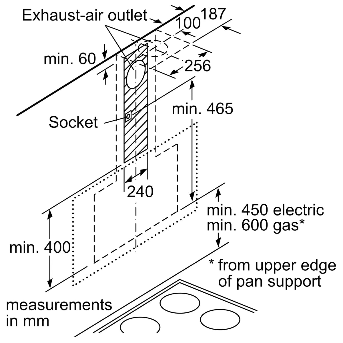 Bosch DWK67HM60B inclined cooker hood – technical line drawing