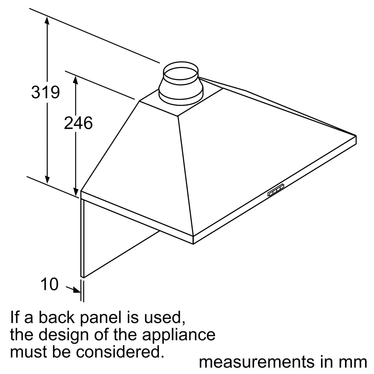 Bosch DWP94BC50B chimney cooker hood – technical line drawing