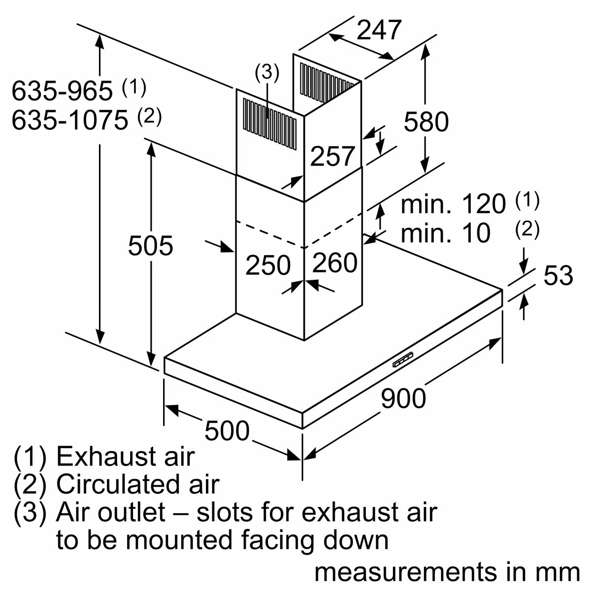 Bosch DWB94BC51B chimney cooker hood – technical line drawing