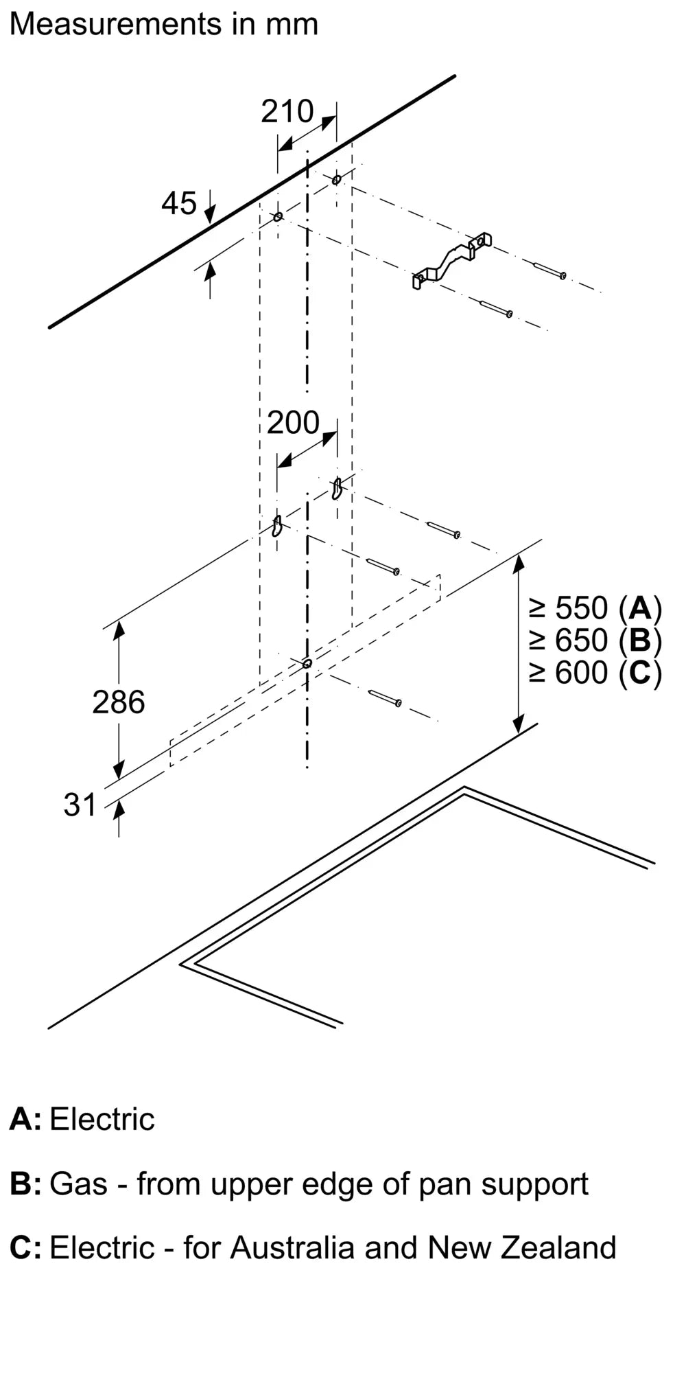 Bosch DWB94BC51B chimney cooker hood – technical line drawing