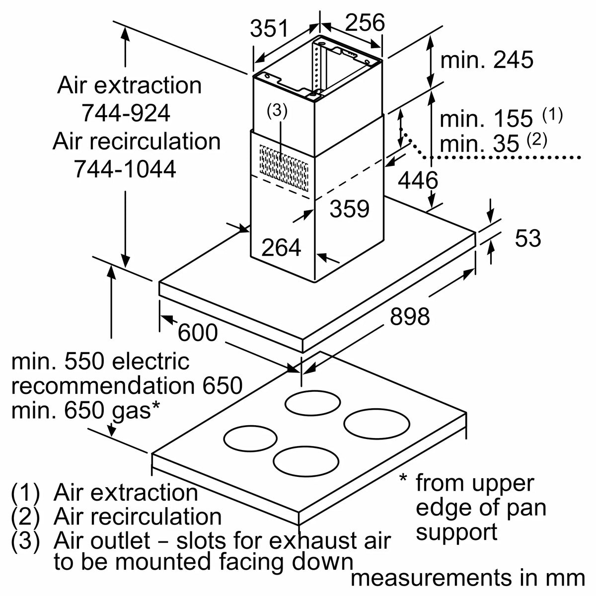 Bosch DIB97IM50M island cooker hood – technical line drawing