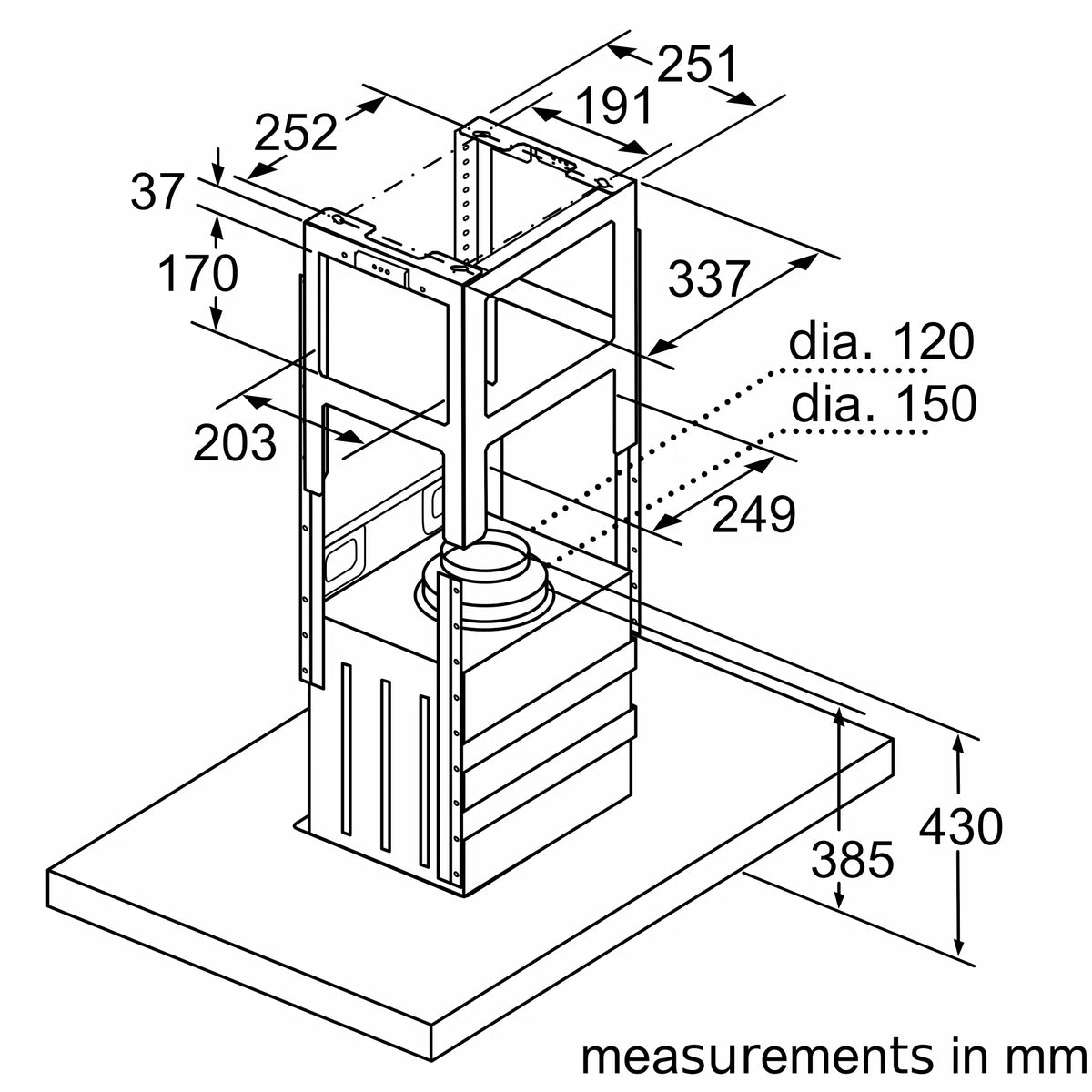 Bosch DIB97IM50M island cooker hood – technical line drawing