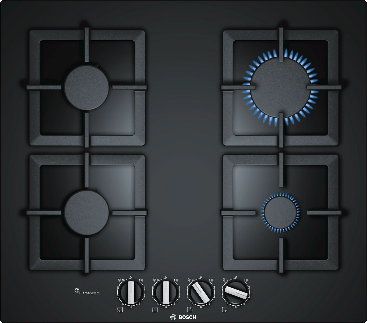 Bosch PPP6A6B20 Series 6 gas hob 60cm black tempered glass front view