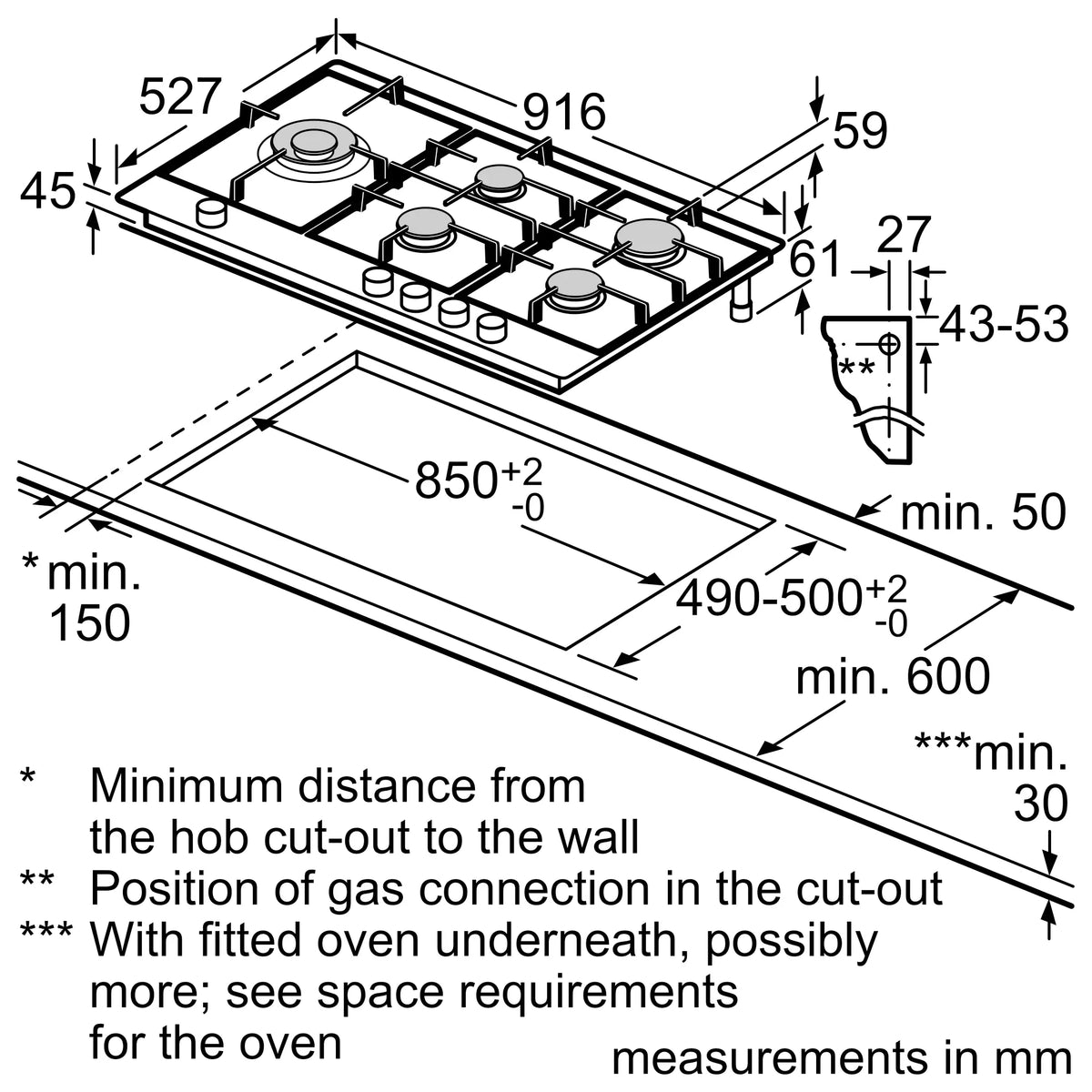 Bosch PRS9A6D70 installation dimensions line drawing