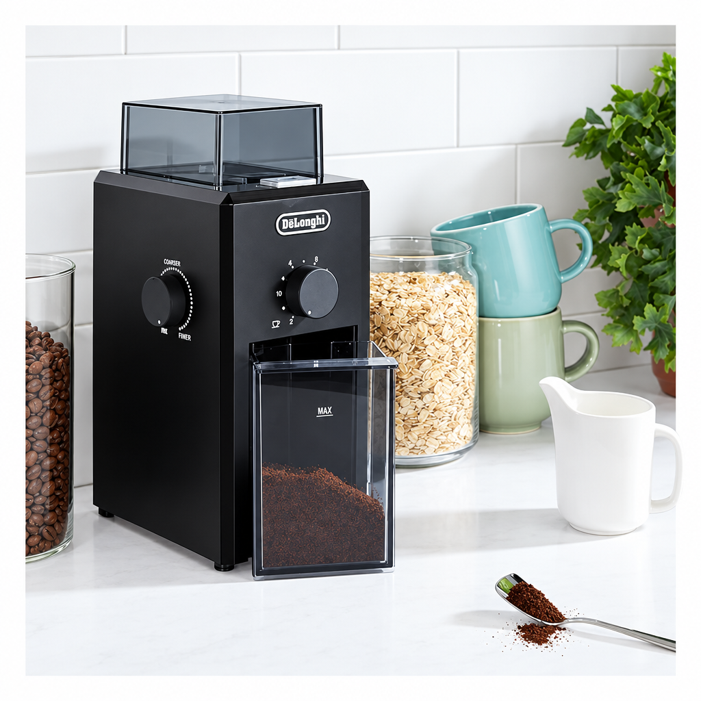 De'Longhi Electric Coffee Grinder | 110W | Burr Grinding System | 12 Settings | Stainless Steel Blade | 12 Cup Capacity | 120g Bean Container | Removable Transparent Lid