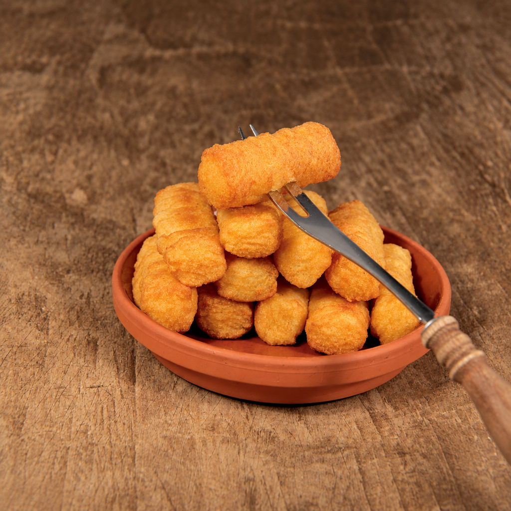 Golden-brown fried cheese sticks piled in a small terracotta bowl on a rustic wooden surface, with one cheese stick held above the bowl by a metal fork.