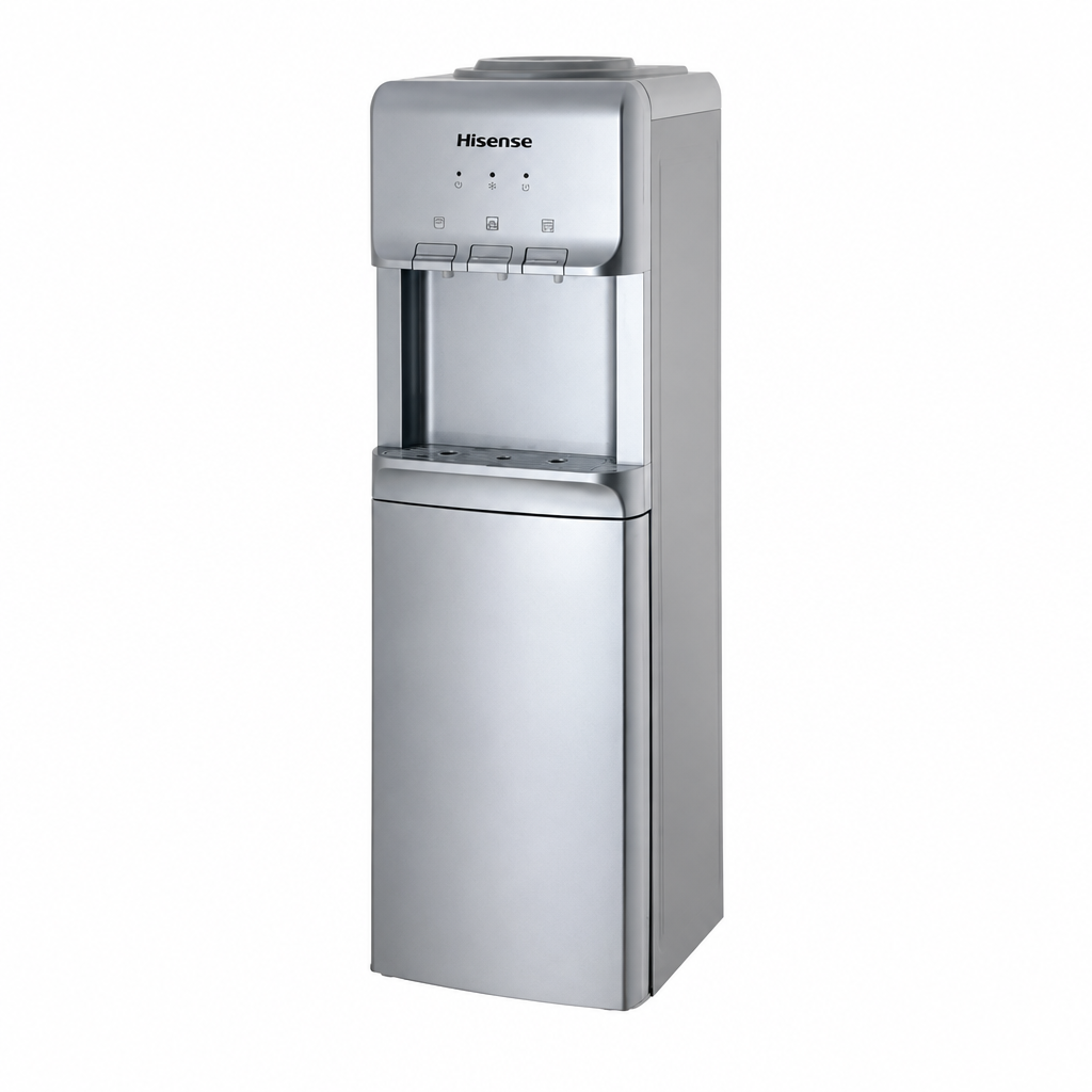Hisense silver three-tap top load water dispenser with storage cabinet on white background