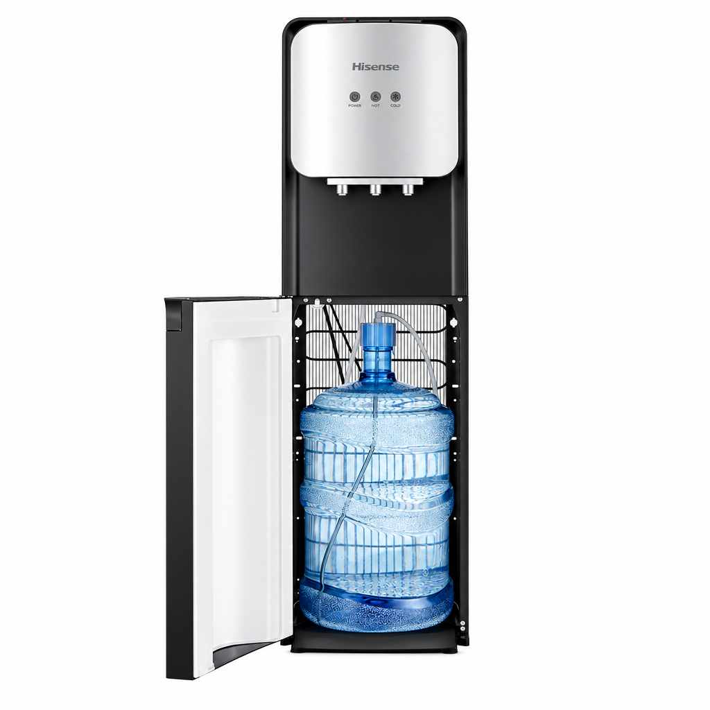 Hisense bottom loading water dispenser with bottle compartment open