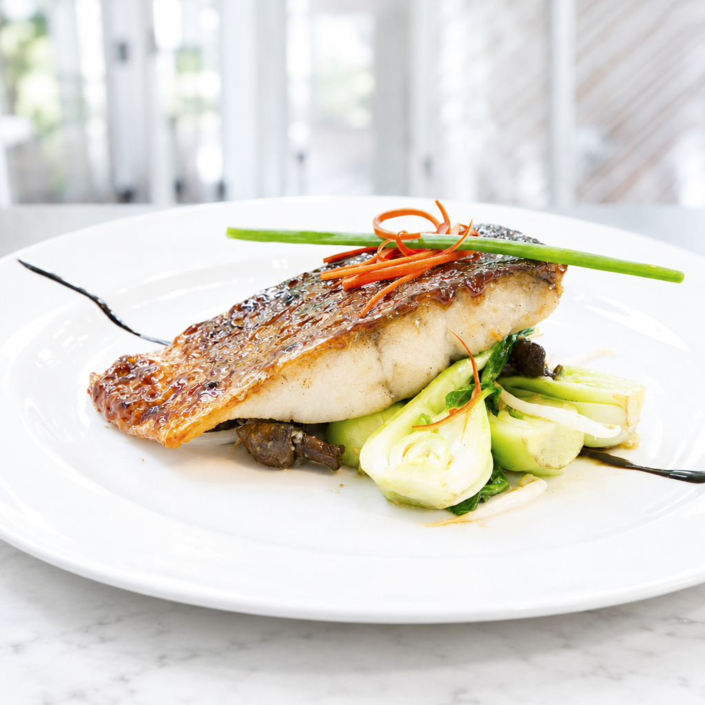A plated gourmet dish featuring a seared fish fillet served over bok choy and mushrooms on a white plate, set on a light marble surface with a softly blurred background.