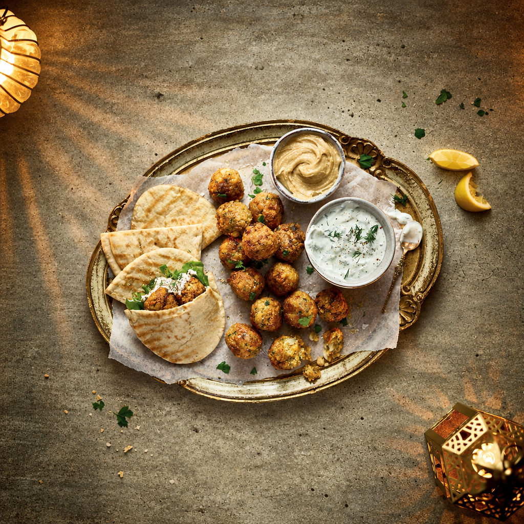 An overhead styled food presentation on an ornate round tray, featuring golden-brown fried meatballs served with pita bread, two small bowls of dipping sauce, and lemon wedges on a textured stone surface with warm ambient lighting.