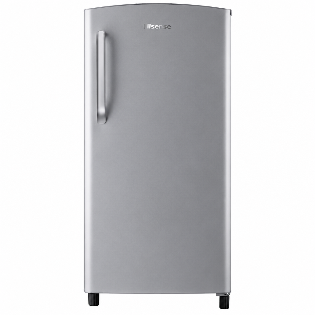 Hisense RR195DAGS silver single door refrigerator front view on white background