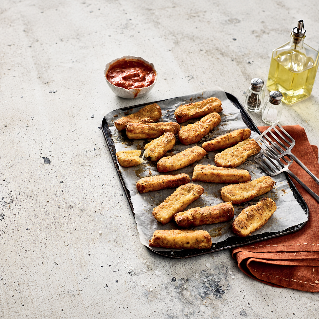 A baking sheet lined with parchment paper holds several golden-brown bread sticks or fried sticks, styled on a light gray stone surface with a small bowl of red dipping sauce, a bottle of olive oil, salt and pepper shakers, and an orange cloth napkin with forks.