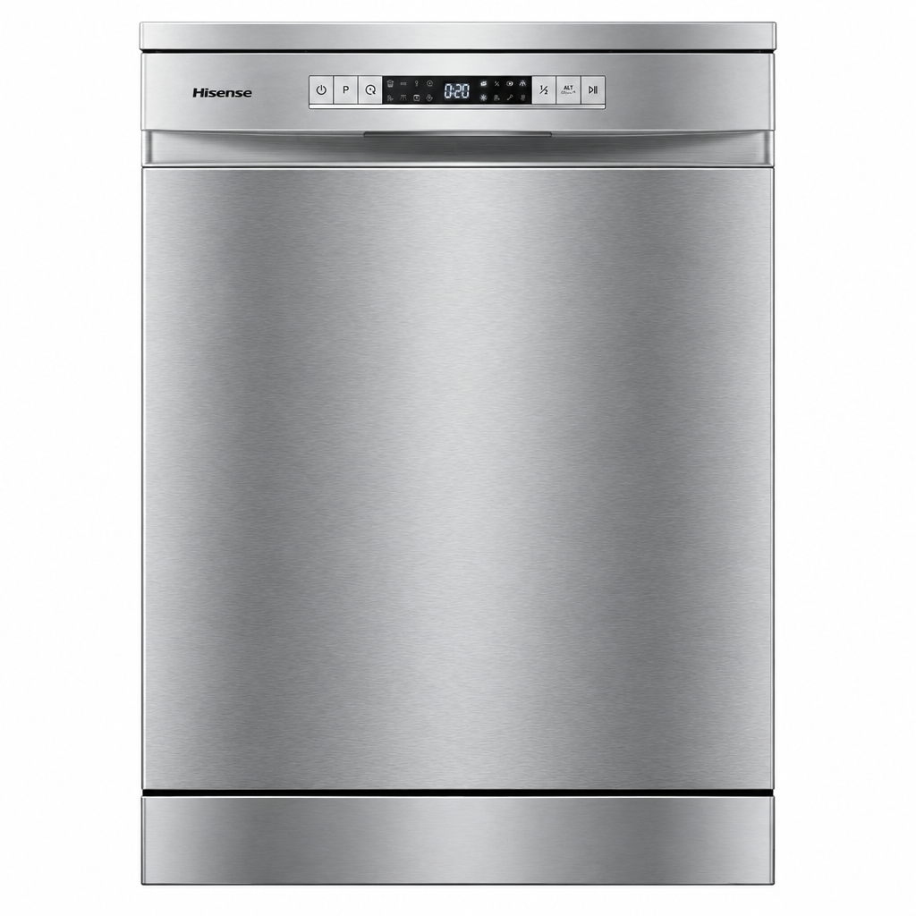 Hisense stainless steel dishwasher front view on white background