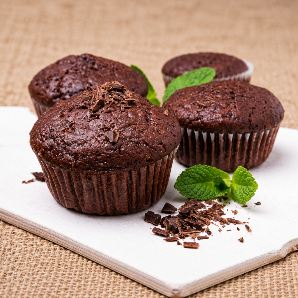 Four chocolate chip muffins topped with chocolate shavings, arranged on a white ceramic plate with mint leaves on a burlap-textured background.