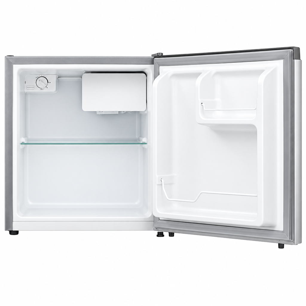 Hisense 60L compact single door refrigerator open interior on white background