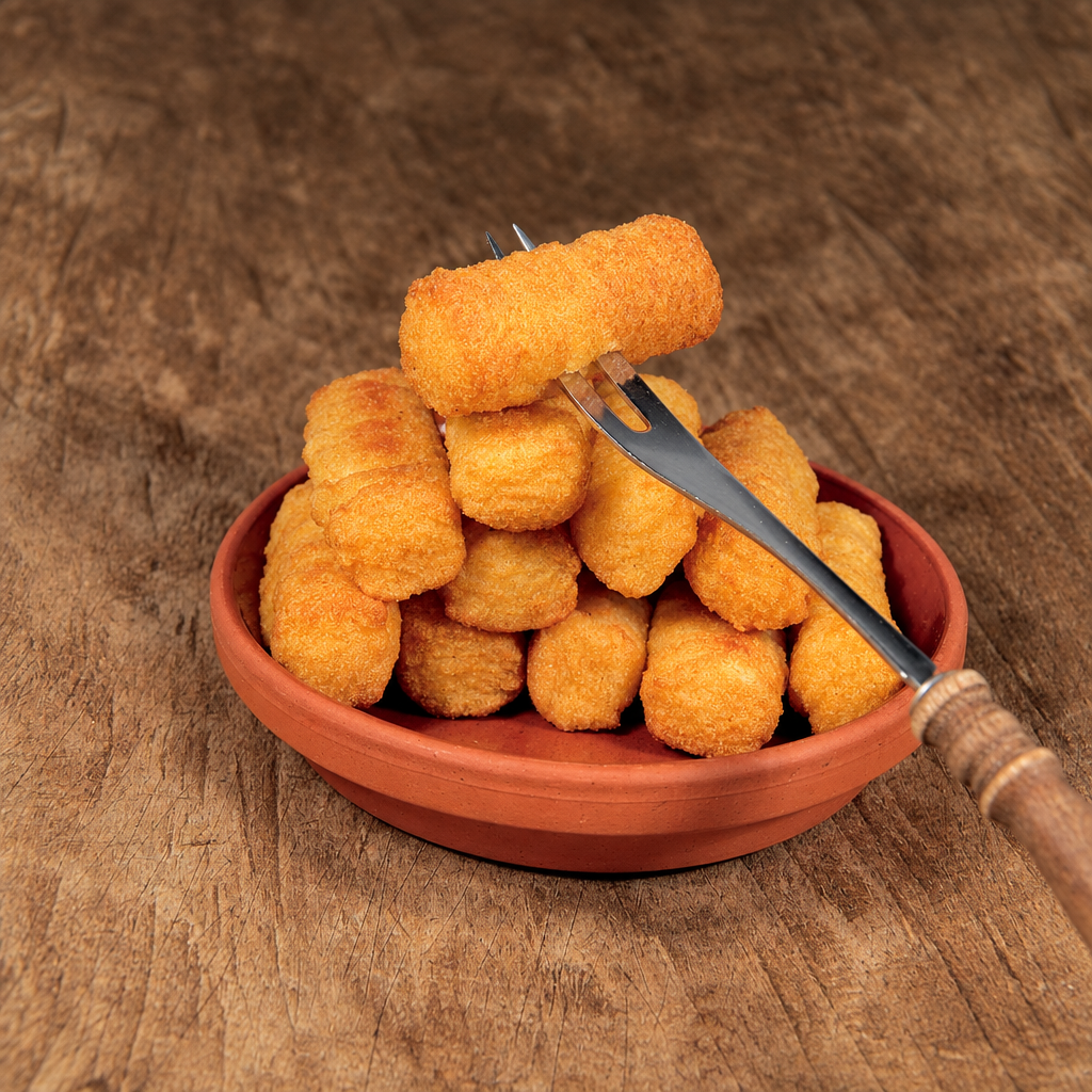Golden-brown fried cheese sticks piled in a small terracotta bowl on a rustic wooden surface, with a fork lifting one stick.
