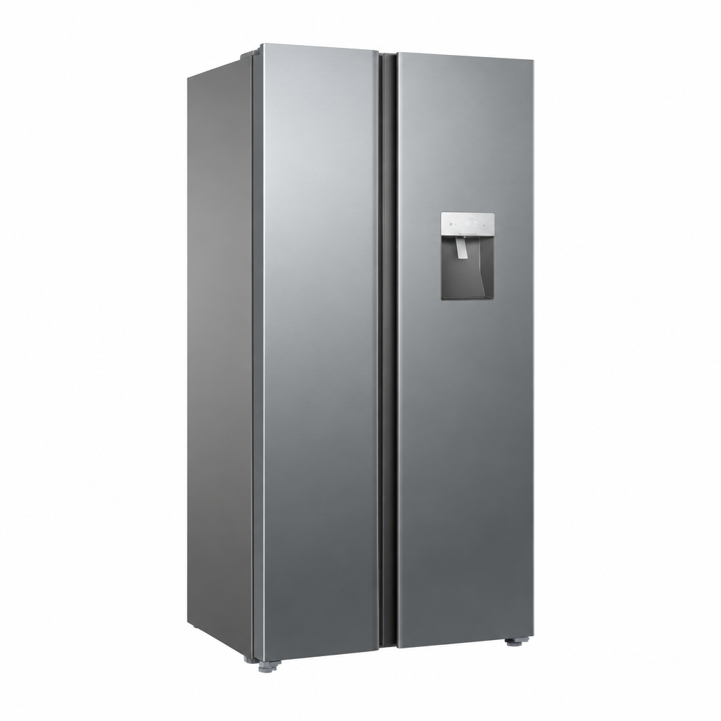 TCL side-by-side refrigerator with water dispenser, left-angle view