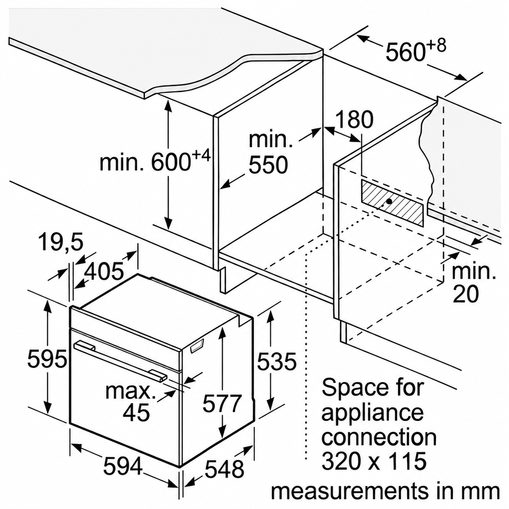 Bosch HBG634BS1B oven installation dimensions diagram
