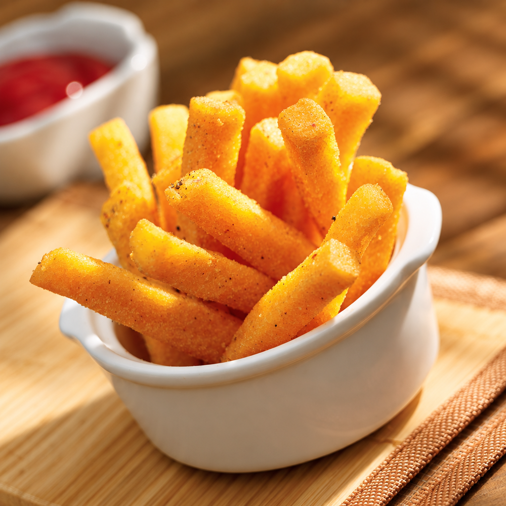 Crispy golden-orange french fries seasoned with black pepper, served in a small white ceramic bowl on a wooden table, with a small dish of red sauce blurred in the background.