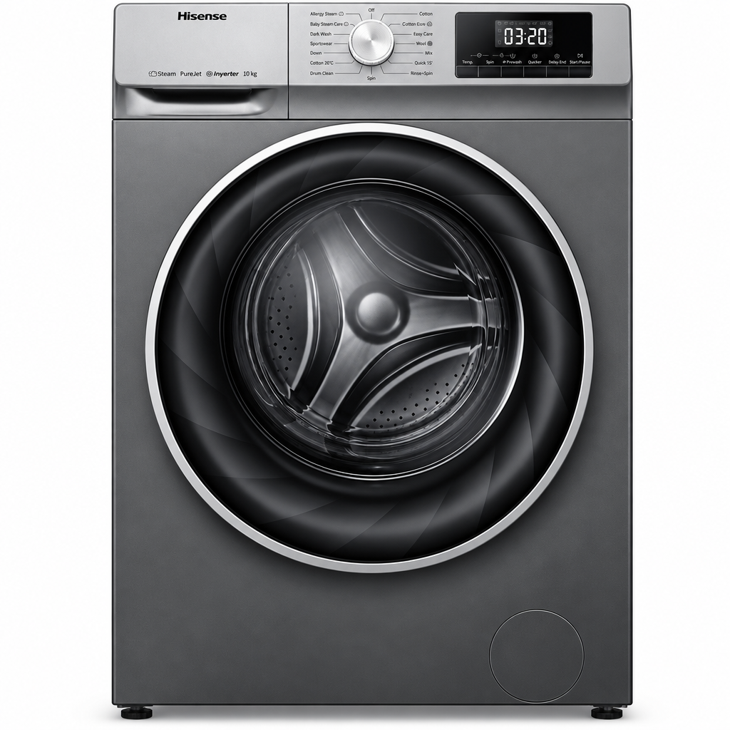 Hisense dark grey 10kg front load washing machine on white background