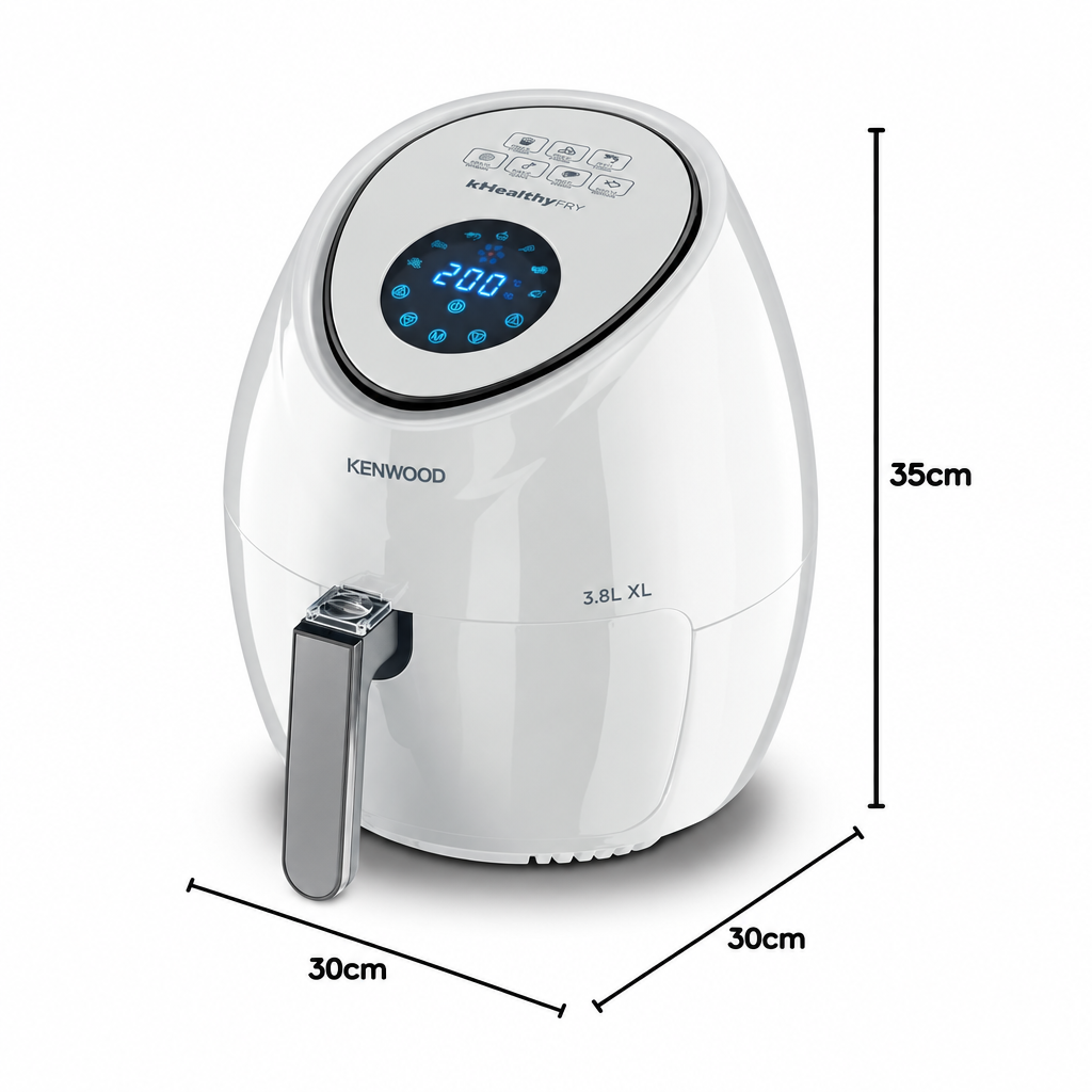 White Kenwood Airfryer XL 3.8L shown on a light gray background with dimension lines indicating 35cm height and 30cm width and depth.