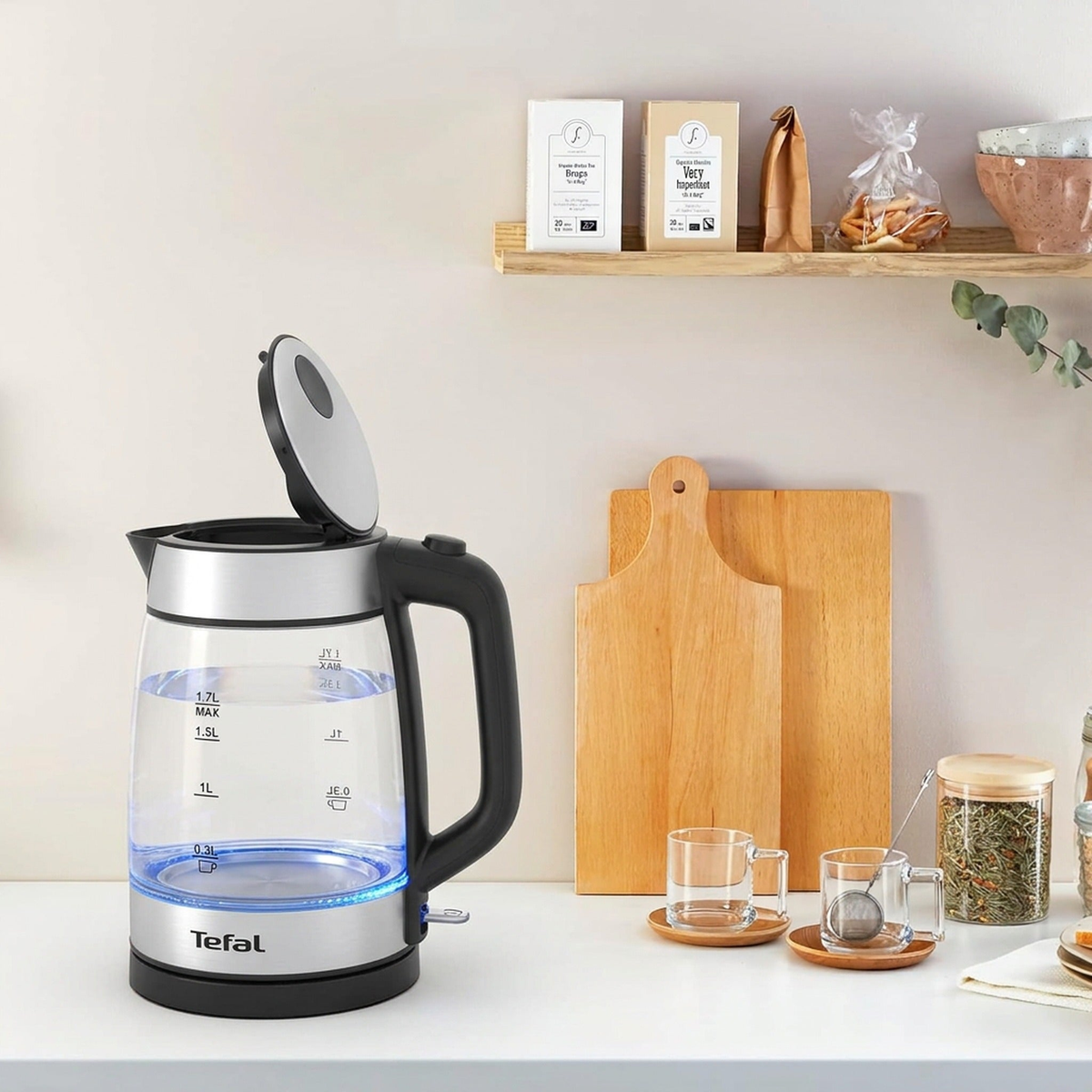 TEFAL Kettle | 1.7 L Glass Electric Kettle | 18050-2200 W | Concealed Heating Element | Cordless 360° Design | Removable Anti-Scale Filter | Precision Spout | Assisted Lid Opening | KI700827
