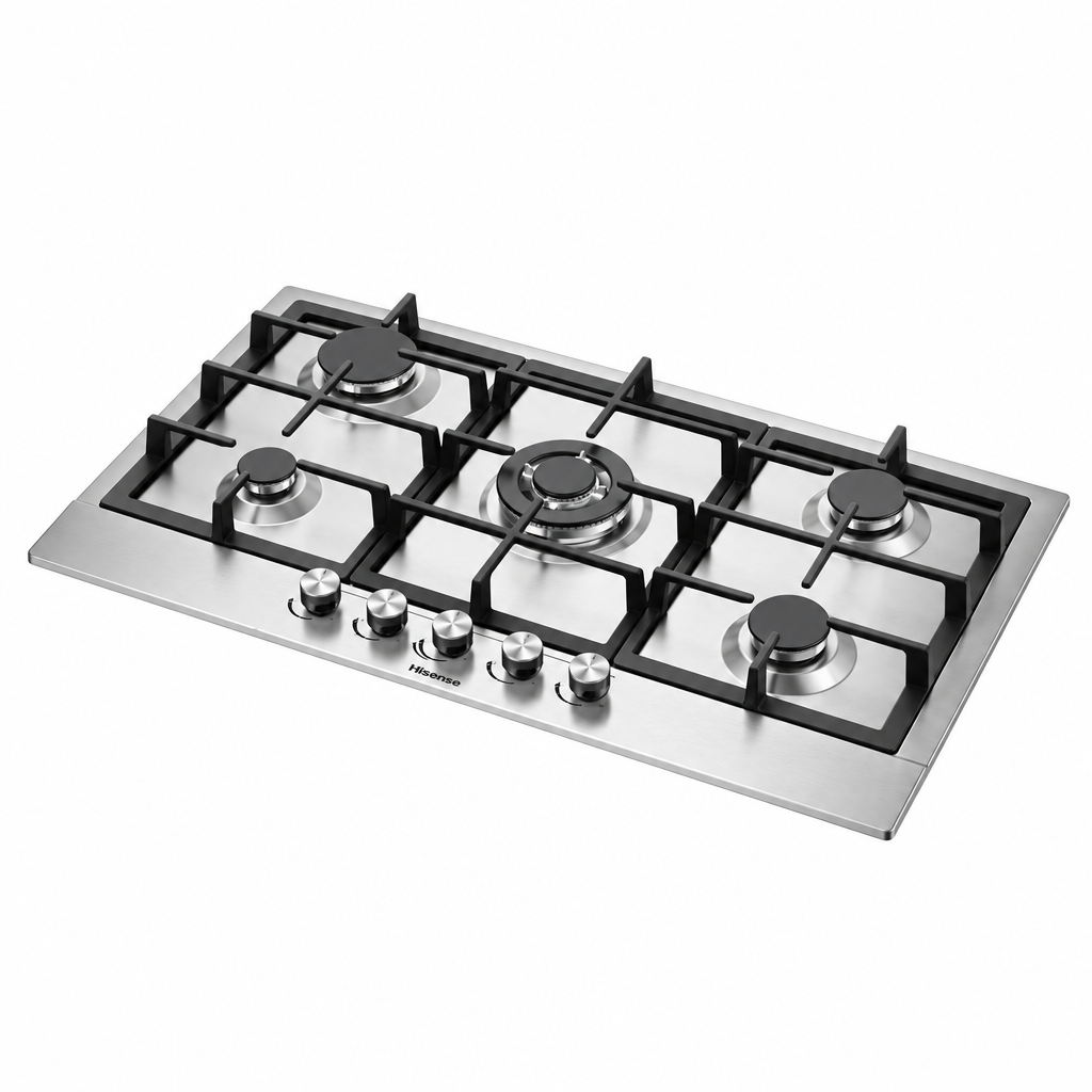 Hisense five-burner built-in gas hob with silver controls and black pan supports on white background