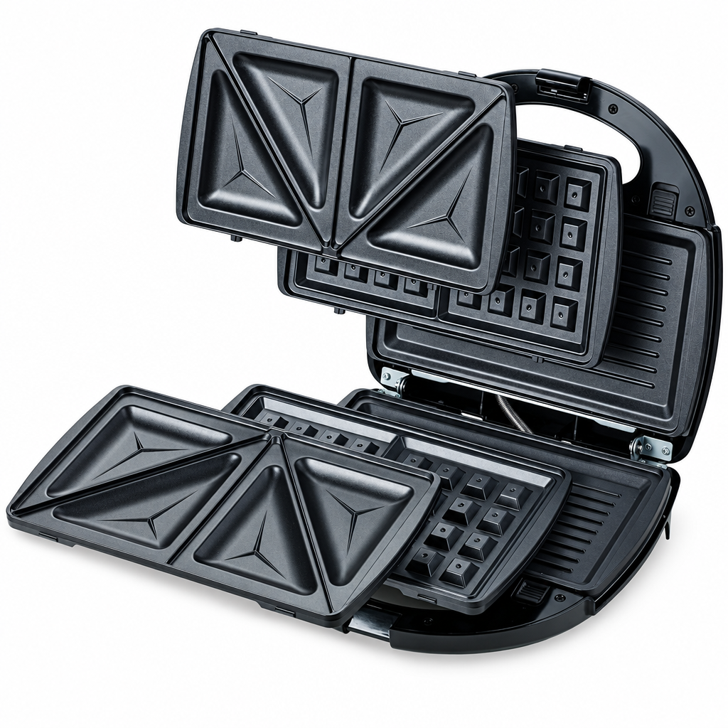 Open Kenwood sandwich maker showing interchangeable plates