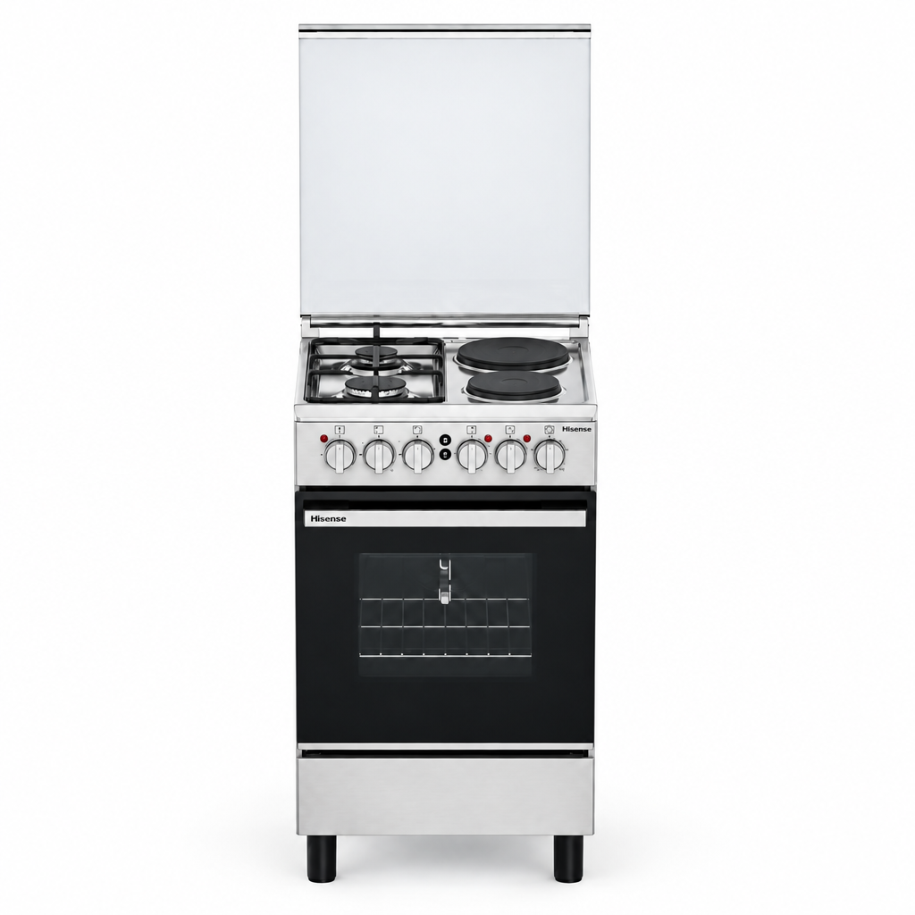 Hisense HF622GEES gas and electric cooker with open lid on a white background