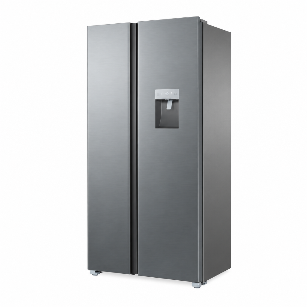 TCL side-by-side refrigerator with water dispenser, right-angle view