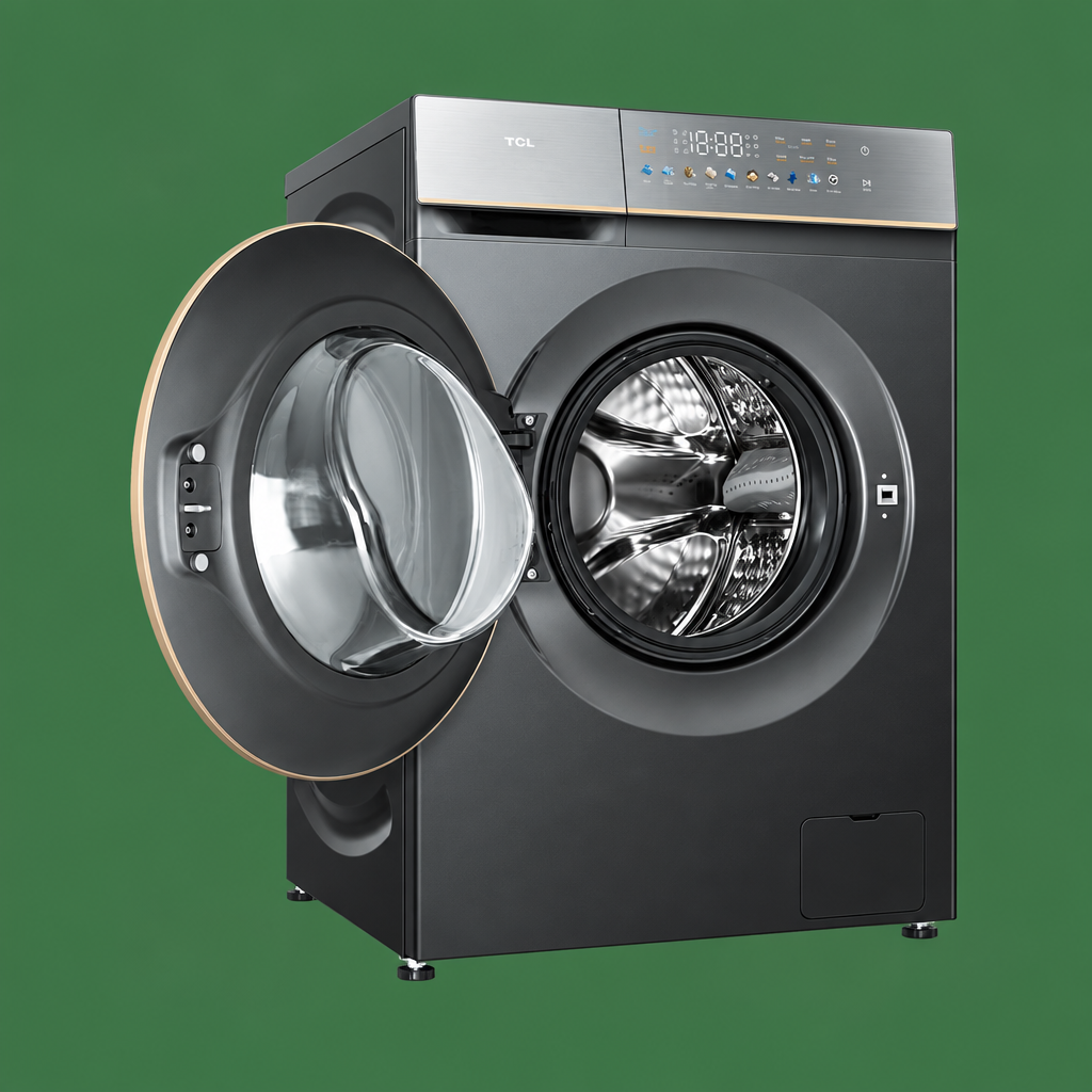 TCL washer-dryer left angled view with door open
