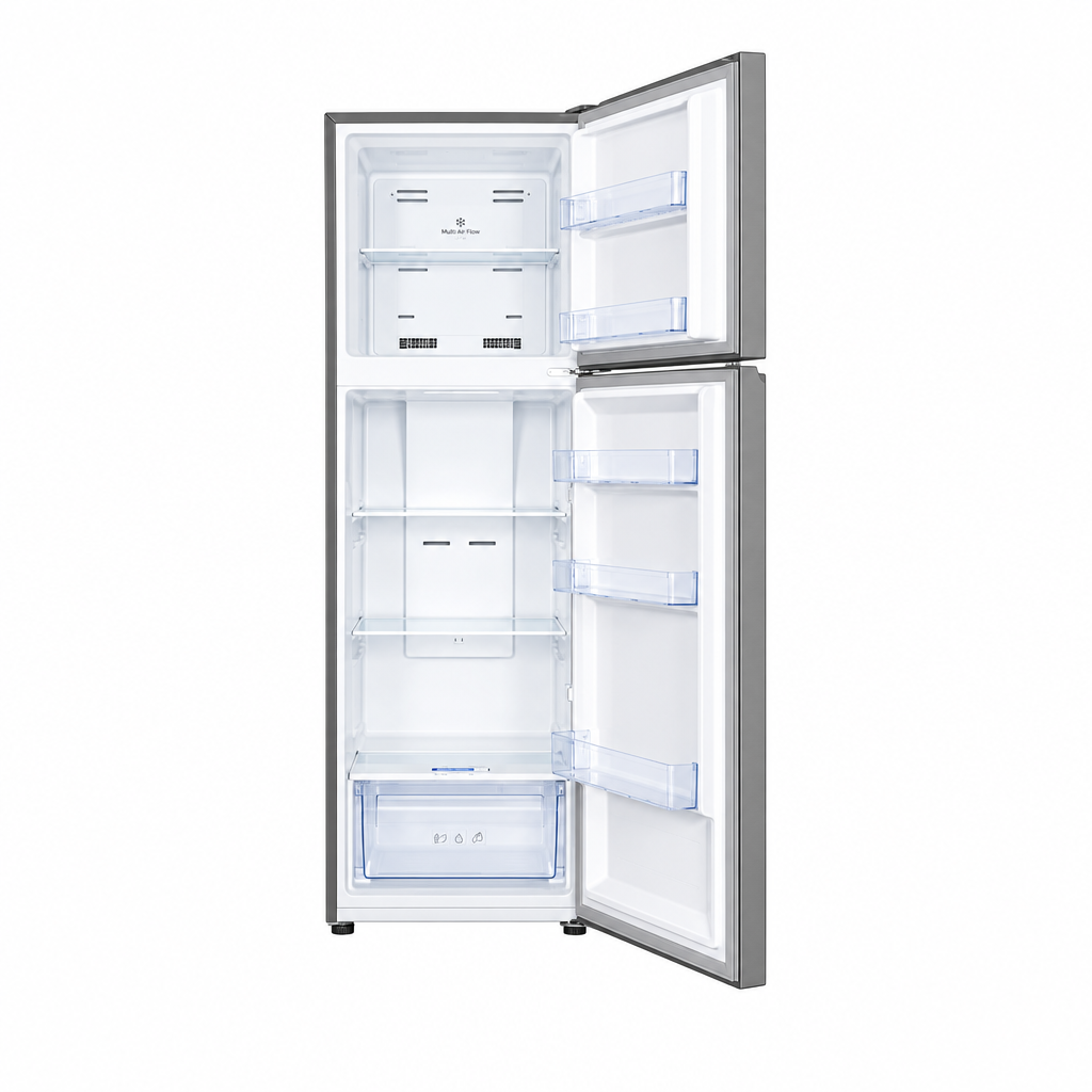 TCL 307L top-mounted refrigerator with doors open, interior view