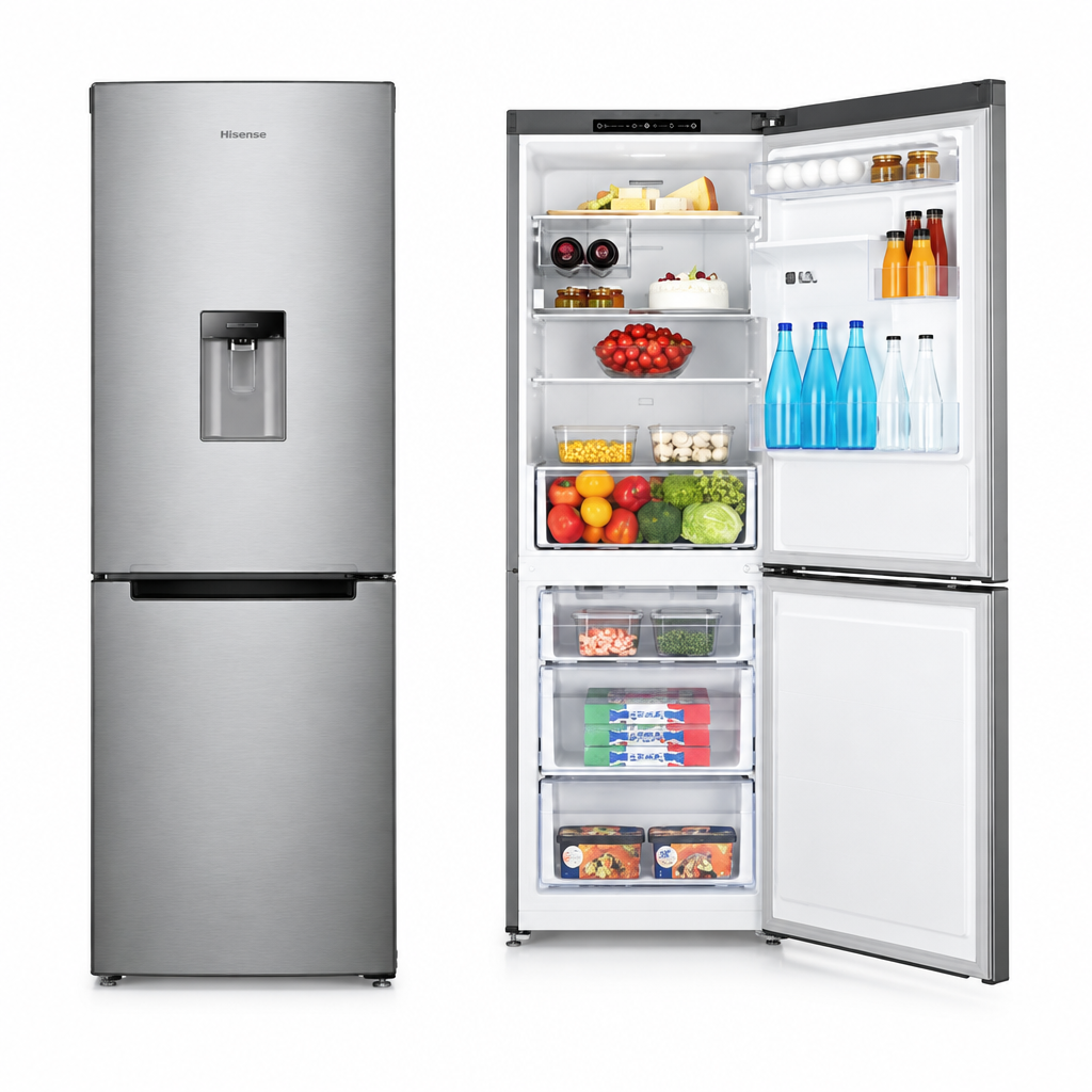 Hisense silver bottom freezer refrigerator showing closed front and open interior views on white background