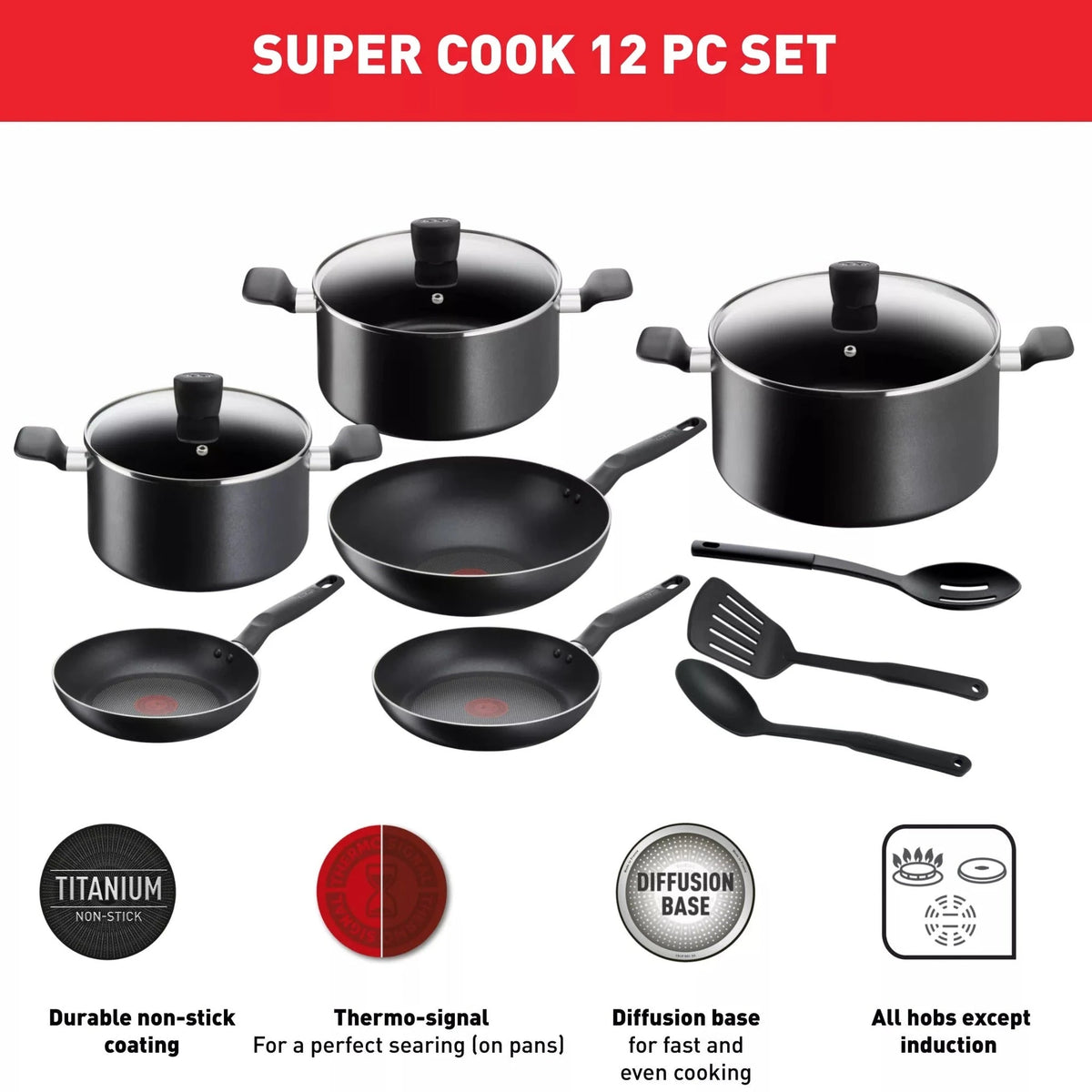 Tefal Super Cook 12-Piece Non-Stick Cookware Set | B459SC84